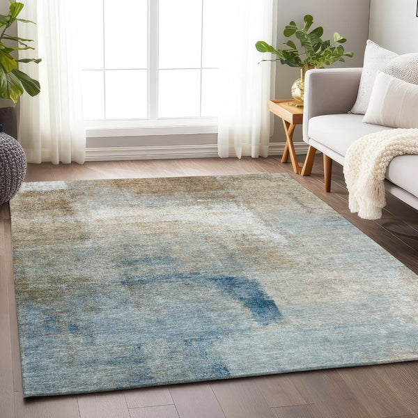 HomeRoots 10' X 14' Taupe Blue Ivory Abstract Washable Area Rug - Durable, UV-Protected, Ideal for Families 665296