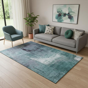 HomeRoots 5' X 8' Vibrant Teal, Ivory, and Purple Abstract Washable Area Rug with UV Protection & Durability 665298