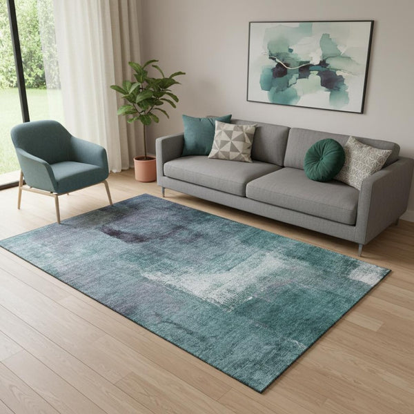 HomeRoots 5' X 8' Vibrant Teal, Ivory, and Purple Abstract Washable Area Rug with UV Protection & Durability 665298
