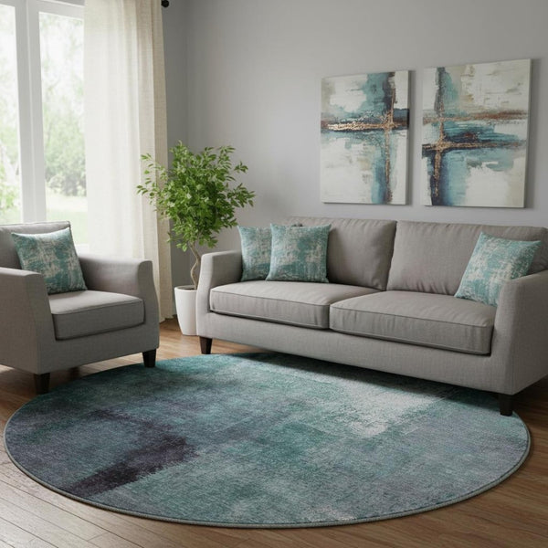 HomeRoots 8' Teal Ivory & Purple Abstract Washable Round Rug - Durable, UV Protected for High-Traffic Areas 665299