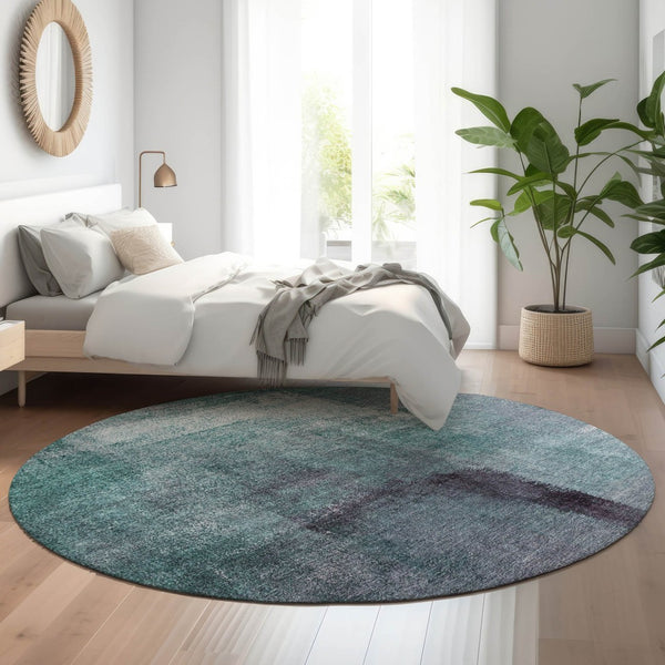 HomeRoots 8' Teal Ivory & Purple Abstract Washable Round Rug - Durable, UV Protected for High-Traffic Areas 665299