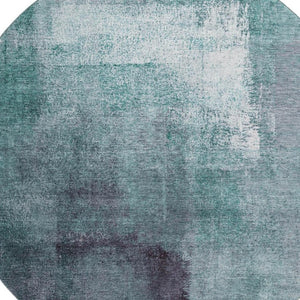 HomeRoots 8' Teal Ivory & Purple Abstract Washable Round Rug - Durable, UV Protected for High-Traffic Areas 665299
