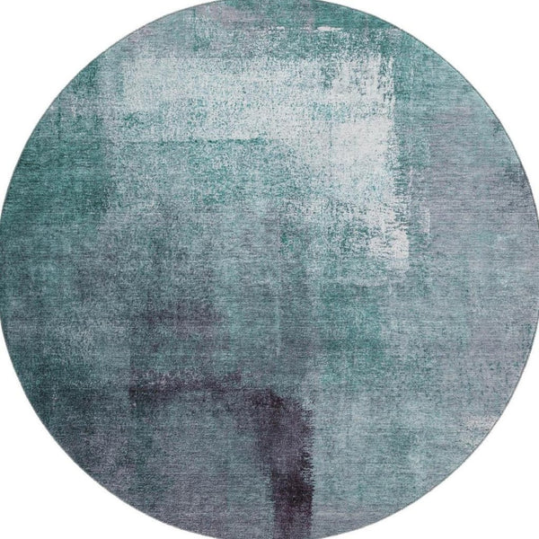 HomeRoots 8' Teal Ivory & Purple Abstract Washable Round Rug - Durable, UV Protected for High-Traffic Areas 665299
