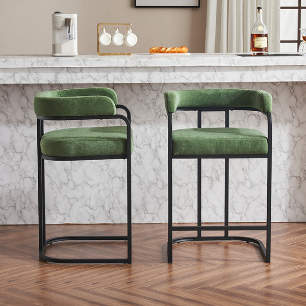 English Elm Modern Chenille Counter Stools Set of 2 — Upholstered Ergonomic Bar Chairs with Metal Frame & Armrests for Kitchen Island Green W1901P264277