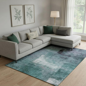 HomeRoots 8' X 10' Vibrant Teal, Ivory & Purple Abstract Washable Area Rug with UV Protection for Modern Homes 665300