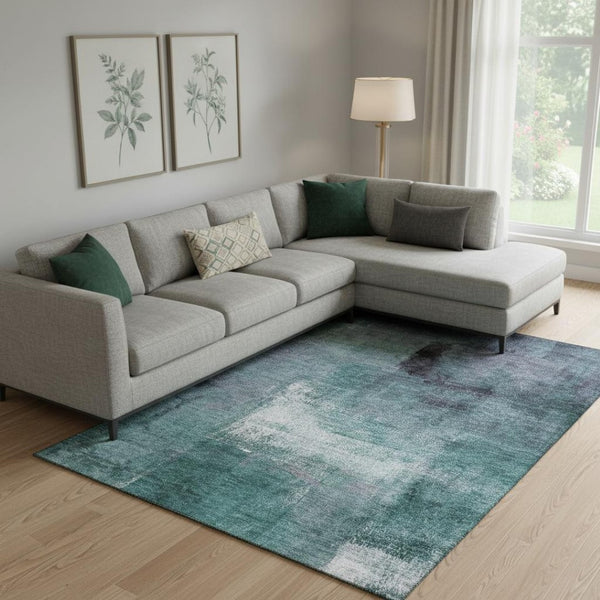 HomeRoots 8' X 10' Vibrant Teal, Ivory & Purple Abstract Washable Area Rug with UV Protection for Modern Homes 665300