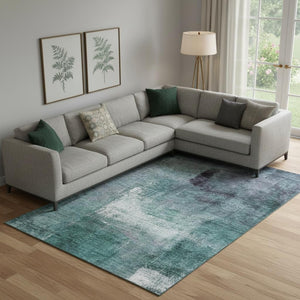 HomeRoots 9' X 12' Teal Ivory Purple Abstract Washable Area Rug - UV Protected, Stain Resistant, Modern Design 665301