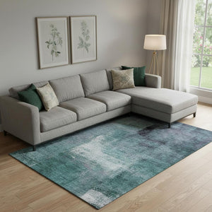 HomeRoots 10' X 14' Teal Ivory Purple Abstract Washable Area Rug - Soft, Durable, Stain Resistant, UV Protected 665302