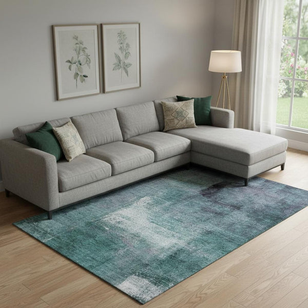HomeRoots 10' X 14' Teal Ivory Purple Abstract Washable Area Rug - Soft, Durable, Stain Resistant, UV Protected 665302