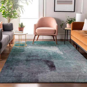 HomeRoots 10' X 14' Teal Ivory Purple Abstract Washable Area Rug - Soft, Durable, Stain Resistant, UV Protected 665302
