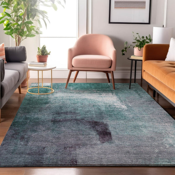 HomeRoots 10' X 14' Teal Ivory Purple Abstract Washable Area Rug - Soft, Durable, Stain Resistant, UV Protected 665302