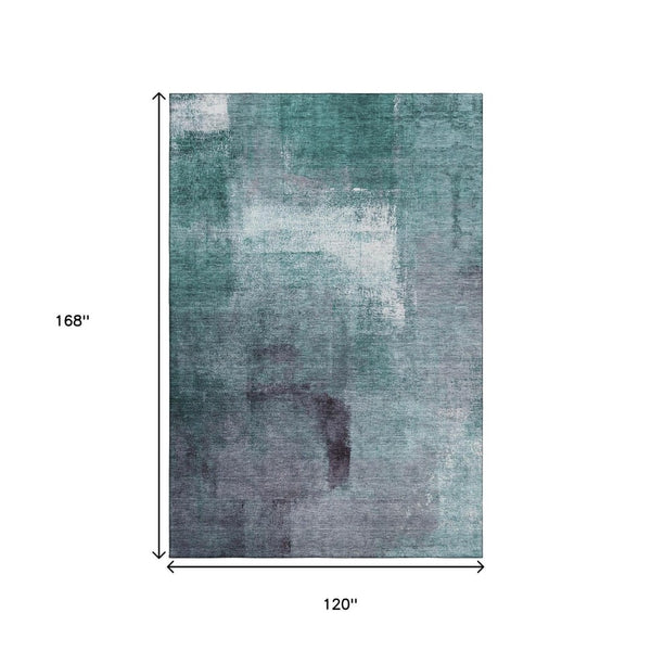 HomeRoots 10' X 14' Teal Ivory Purple Abstract Washable Area Rug - Soft, Durable, Stain Resistant, UV Protected 665302