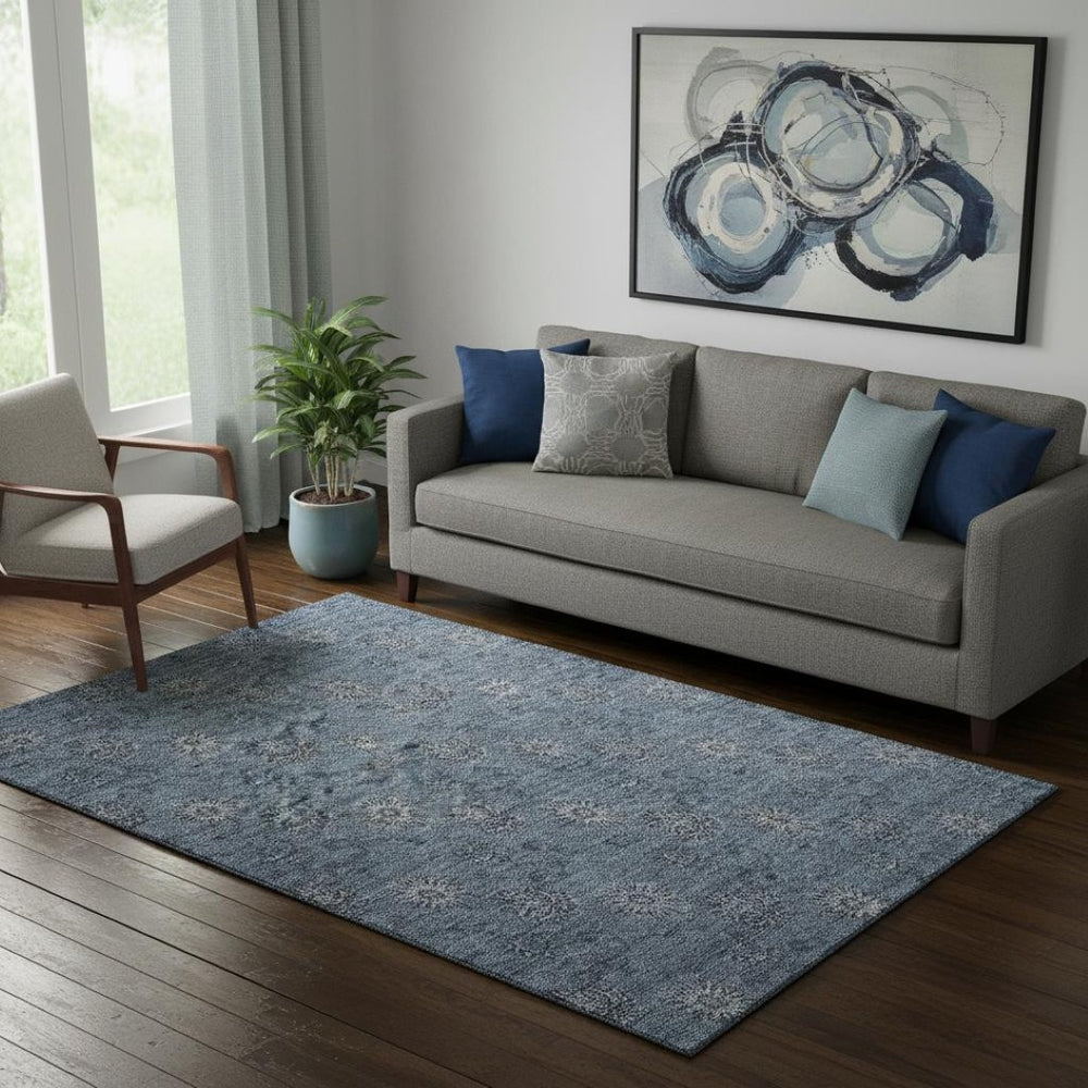 HomeRoots 5' X 8' Blue and Ivory Floral Area Rug - Washable, UV-Protected, Durable Design for Homes with Pets 665304