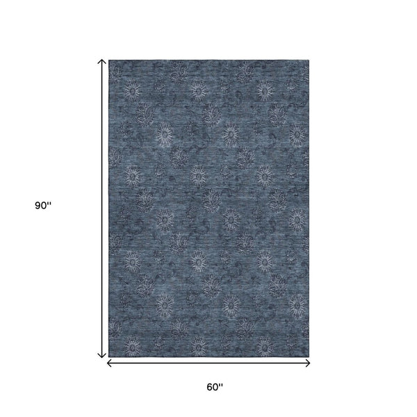 HomeRoots 5' X 8' Blue and Ivory Floral Area Rug - Washable, UV-Protected, Durable Design for Homes with Pets 665304