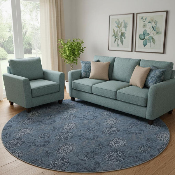 HomeRoots 8' Blue Floral Round Rug - Washable, UV Protected, Stain-Resistant, Perfect for High-Traffic Areas! 665305