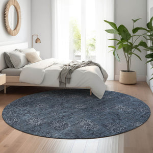 HomeRoots 8' Blue Floral Round Rug - Washable, UV Protected, Stain-Resistant, Perfect for High-Traffic Areas! 665305