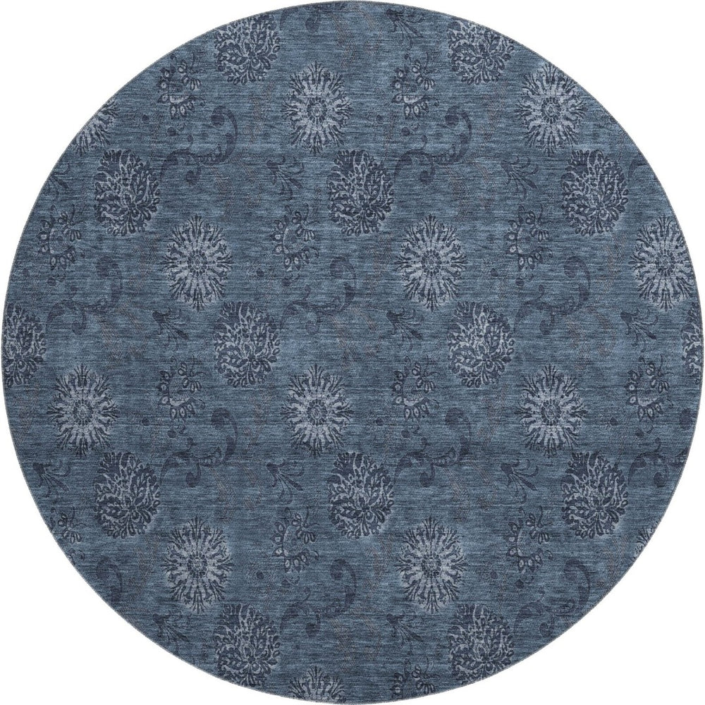 HomeRoots 8' Blue Floral Round Rug - Washable, UV Protected, Stain-Resistant, Perfect for High-Traffic Areas! 665305