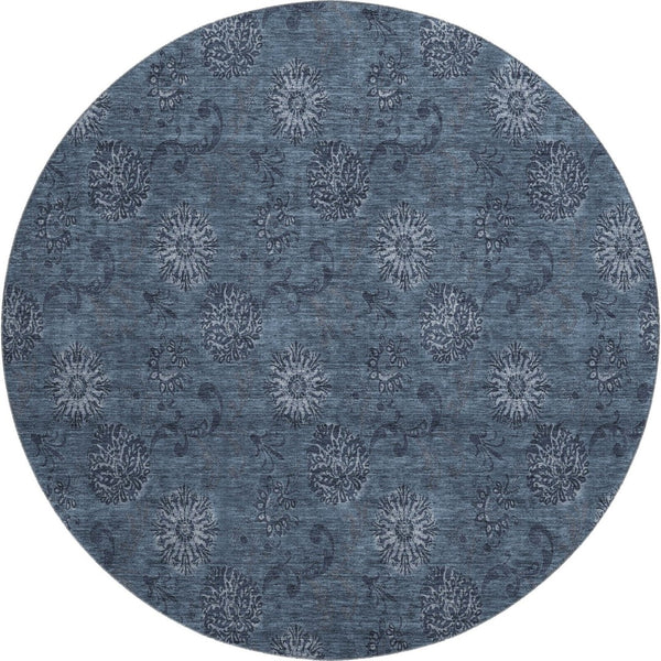 HomeRoots 8' Blue Floral Round Rug - Washable, UV Protected, Stain-Resistant, Perfect for High-Traffic Areas! 665305