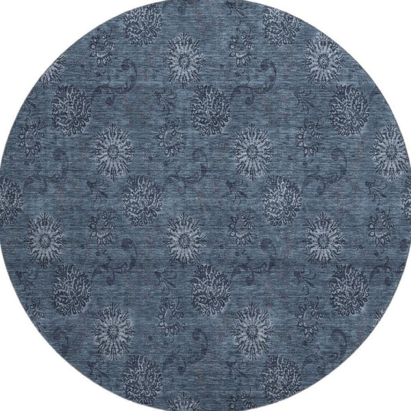 HomeRoots 8' Blue Floral Round Rug - Washable, UV Protected, Stain-Resistant, Perfect for High-Traffic Areas! 665305