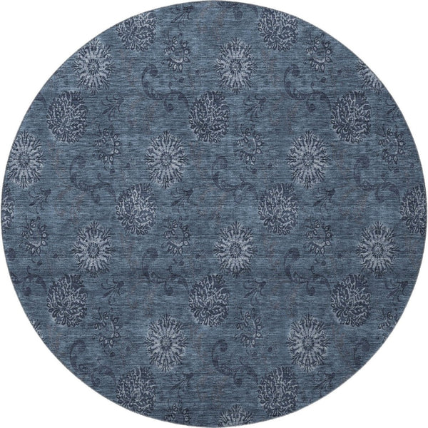 HomeRoots 8' Blue Floral Round Rug - Washable, UV Protected, Stain-Resistant, Perfect for High-Traffic Areas! 665305