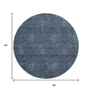 HomeRoots 8' Blue Floral Round Rug - Washable, UV Protected, Stain-Resistant, Perfect for High-Traffic Areas! 665305