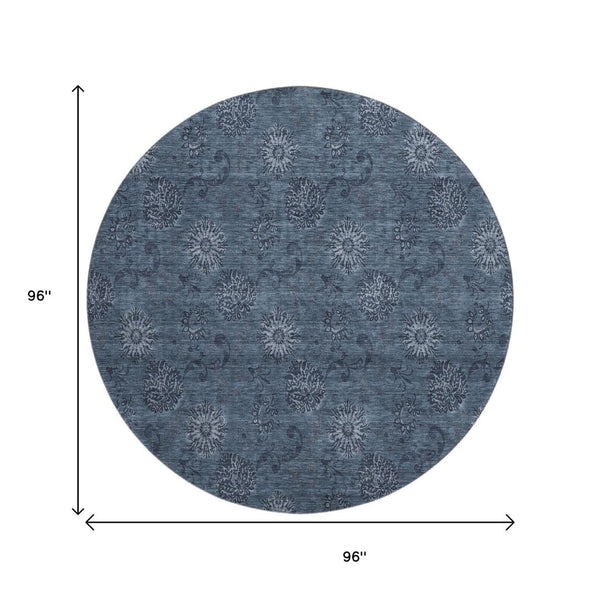 HomeRoots 8' Blue Floral Round Rug - Washable, UV Protected, Stain-Resistant, Perfect for High-Traffic Areas! 665305