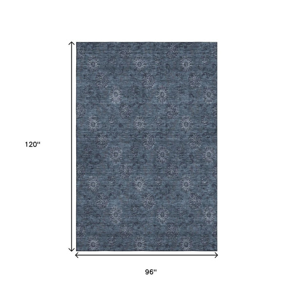 HomeRoots 8' X 10' Blue and Ivory Floral Washable Area Rug with UV Protection for a Stylish and Durable Home 665306