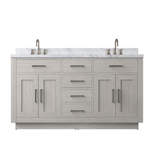 English Elm White Oak Double Bath Vanity 60" W X 22" D With Stunning Carrara Marble Top & Faucet Set Included B2731P257765-GIGA