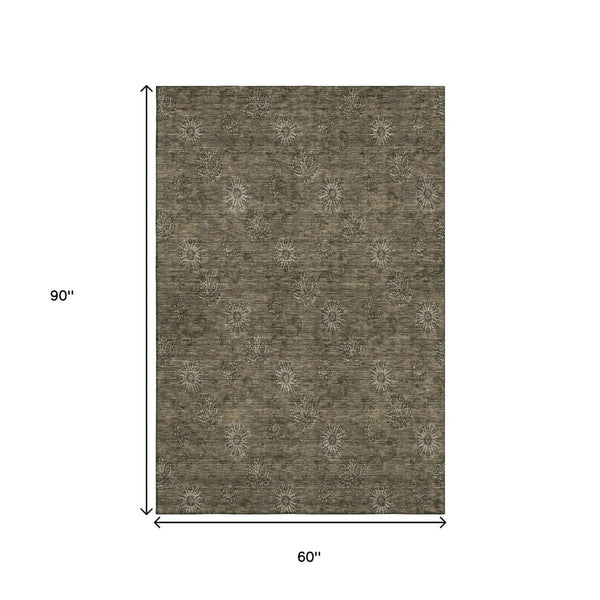 HomeRoots 5' X 8' Brown and Beige Floral Area Rug - Washable, UV-Protected, Pet-Friendly for Any Space 665310