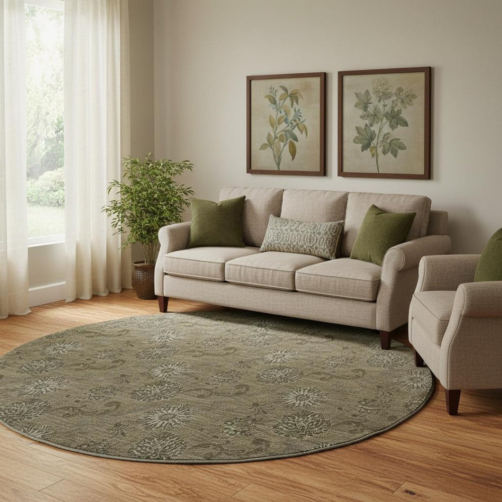 HomeRoots 8' Brown and Beige Floral Washable Round Rug with UV Protection - Durable, Stylish, Easy-Care Accent 665311