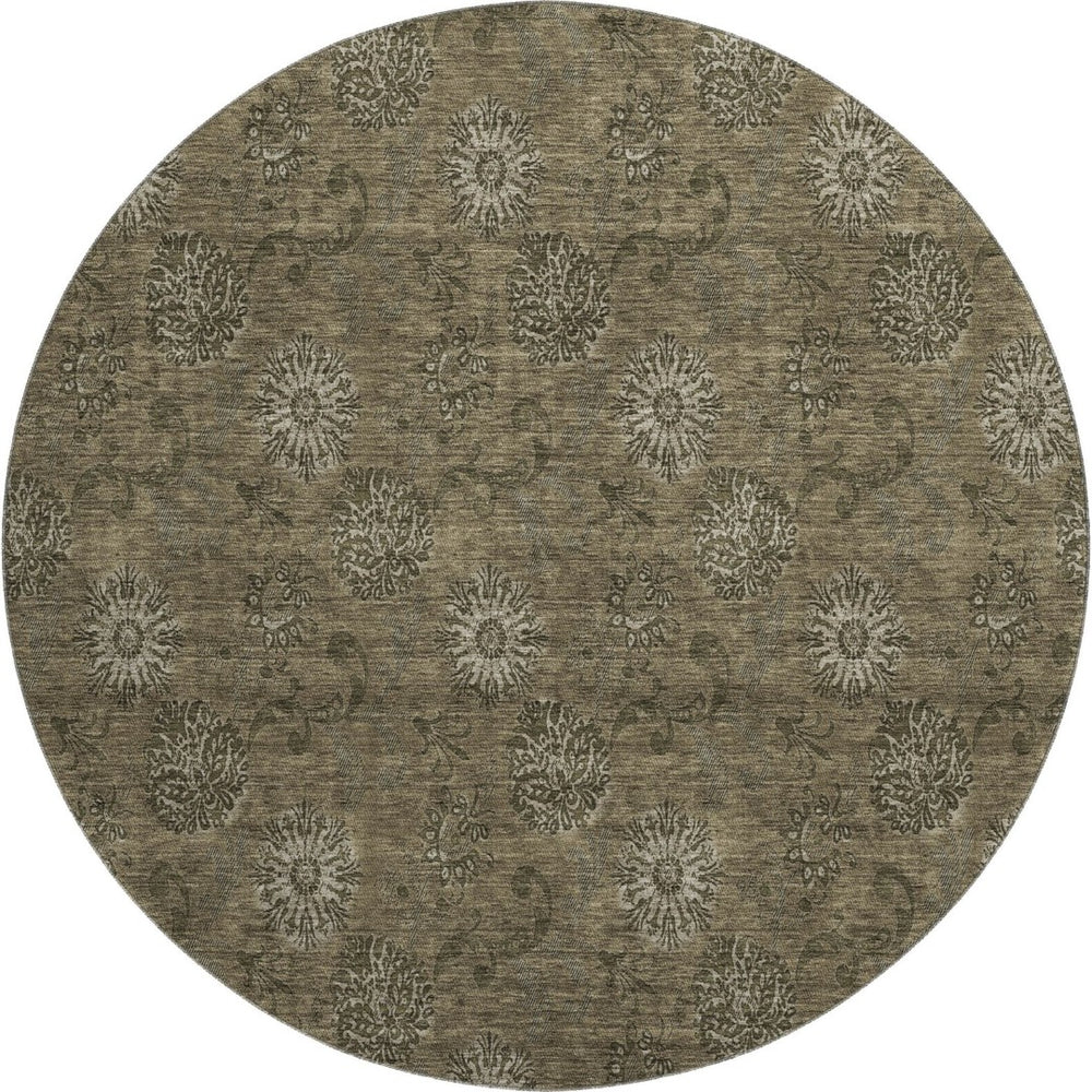 HomeRoots 8' Brown and Beige Floral Washable Round Rug with UV Protection - Durable, Stylish, Easy-Care Accent 665311