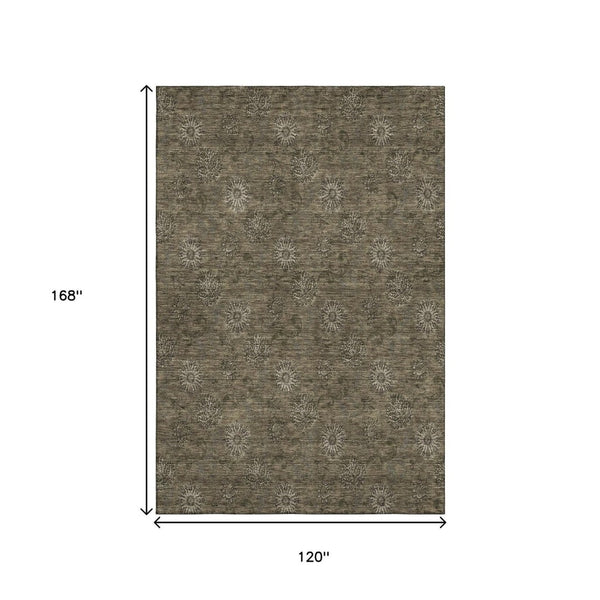 HomeRoots 10' Brown and Beige Floral Washable Area Rug - Durable, UV-Protected, Ideal for High-Traffic Homes 665314