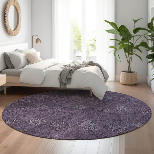 HomeRoots 8' Washable Round Eggplant and Ivory Floral Area Rug with UV Protection - Durable & Stylish Design 665317