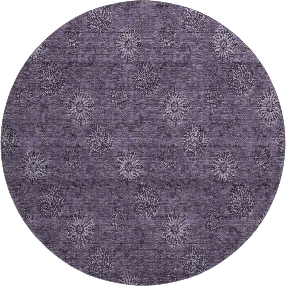 HomeRoots 8' Washable Round Eggplant and Ivory Floral Area Rug with UV Protection - Durable & Stylish Design 665317