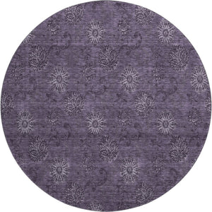 HomeRoots 8' Washable Round Eggplant and Ivory Floral Area Rug with UV Protection - Durable & Stylish Design 665317