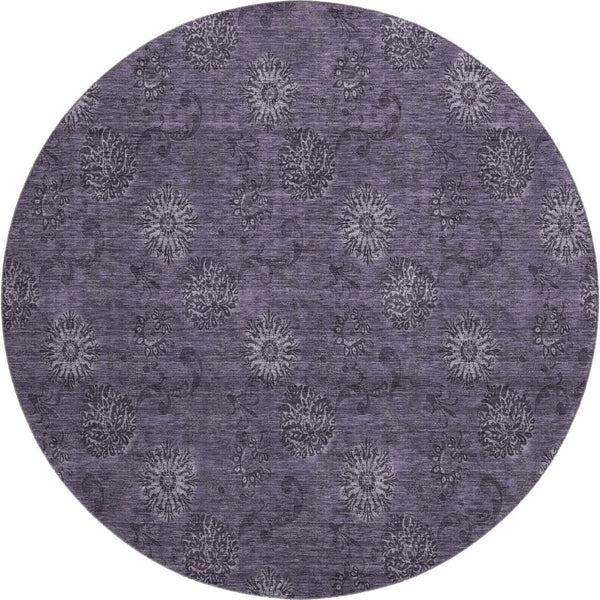 HomeRoots 8' Washable Round Eggplant and Ivory Floral Area Rug with UV Protection - Durable & Stylish Design 665317
