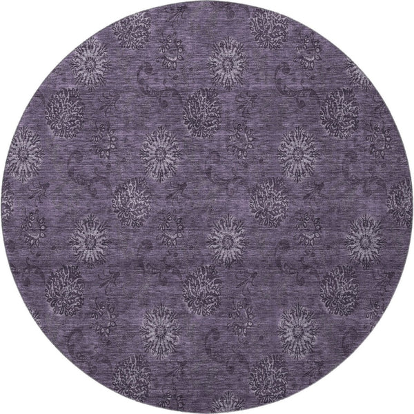 HomeRoots 8' Washable Round Eggplant and Ivory Floral Area Rug with UV Protection - Durable & Stylish Design 665317