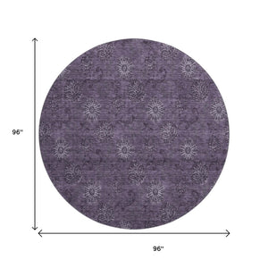 HomeRoots 8' Washable Round Eggplant and Ivory Floral Area Rug with UV Protection - Durable & Stylish Design 665317