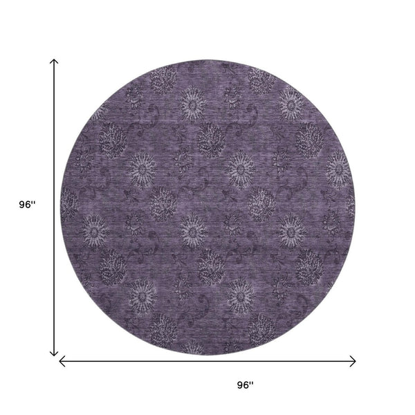 HomeRoots 8' Washable Round Eggplant and Ivory Floral Area Rug with UV Protection - Durable & Stylish Design 665317