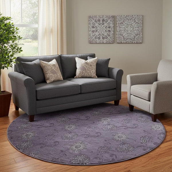 HomeRoots 8' Washable Round Eggplant and Ivory Floral Area Rug with UV Protection - Durable & Stylish Design 665317