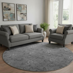HomeRoots 8' Gray and Silver Floral Washable Round Rug - UV Protected, Easy-Care, Perfect for Any Space 665323
