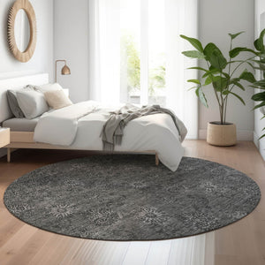 HomeRoots 8' Gray and Silver Floral Washable Round Rug - UV Protected, Easy-Care, Perfect for Any Space 665323