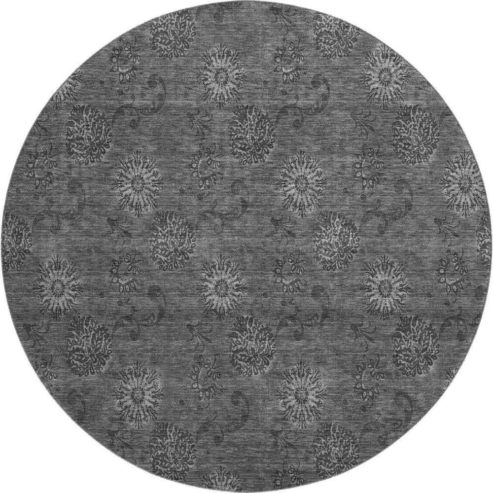 HomeRoots 8' Gray and Silver Floral Washable Round Rug - UV Protected, Easy-Care, Perfect for Any Space 665323