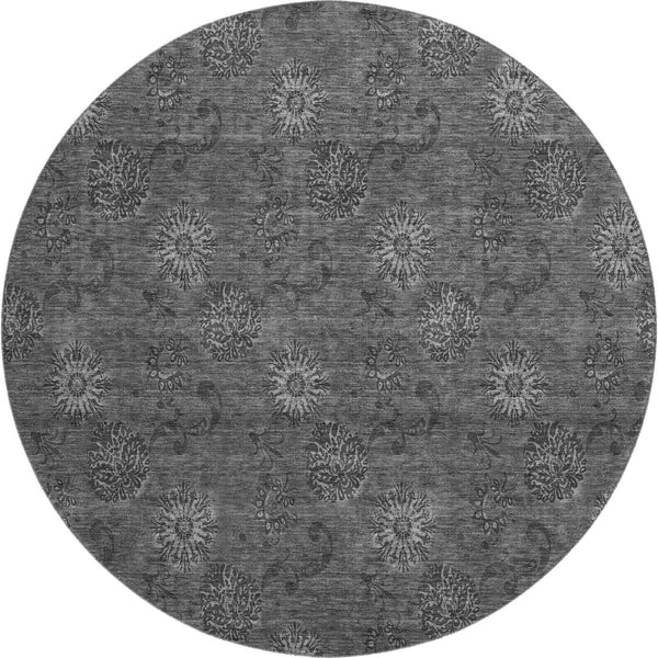 HomeRoots 8' Gray and Silver Floral Washable Round Rug - UV Protected, Easy-Care, Perfect for Any Space 665323