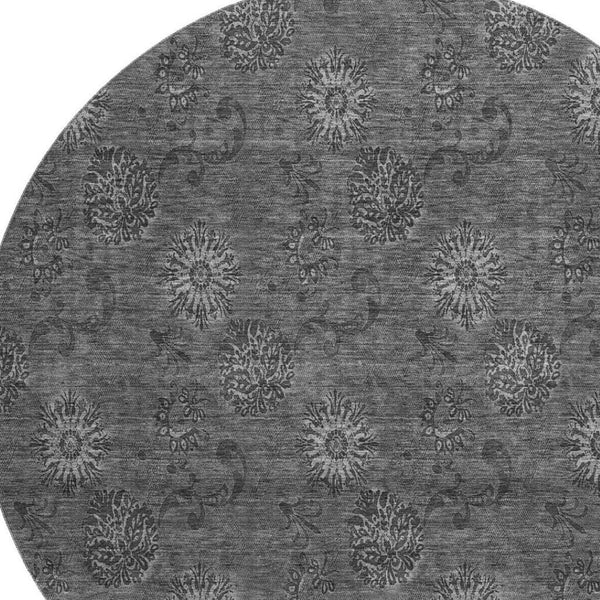 HomeRoots 8' Gray and Silver Floral Washable Round Rug - UV Protected, Easy-Care, Perfect for Any Space 665323