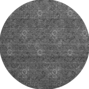 HomeRoots 8' Gray and Silver Floral Washable Round Rug - UV Protected, Easy-Care, Perfect for Any Space 665323