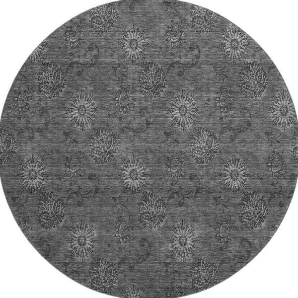 HomeRoots 8' Gray and Silver Floral Washable Round Rug - UV Protected, Easy-Care, Perfect for Any Space 665323