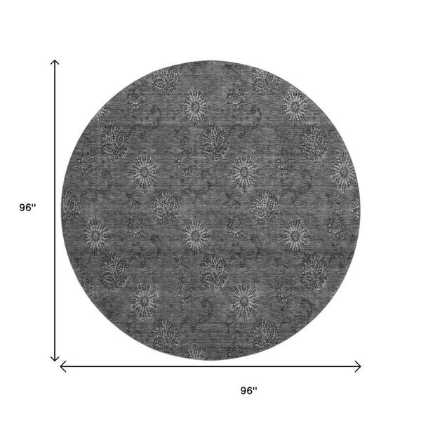 HomeRoots 8' Gray and Silver Floral Washable Round Rug - UV Protected, Easy-Care, Perfect for Any Space 665323