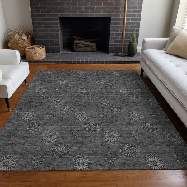 HomeRoots 8' X 10' Gray and Silver Floral Area Rug - Washable, Stain Resistant, UV Protected for Busy Homes 665324