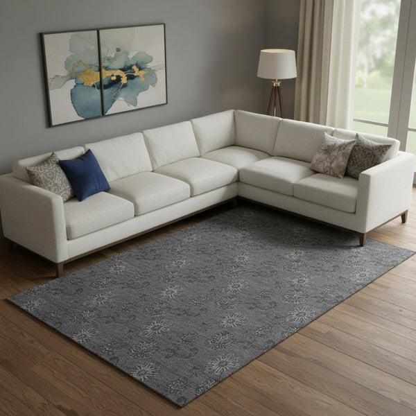 HomeRoots 9' X 12' Gray And Silver Floral Area Rug – Durable, Washable, UV-Protected Design for Stylish Living Spaces 665325